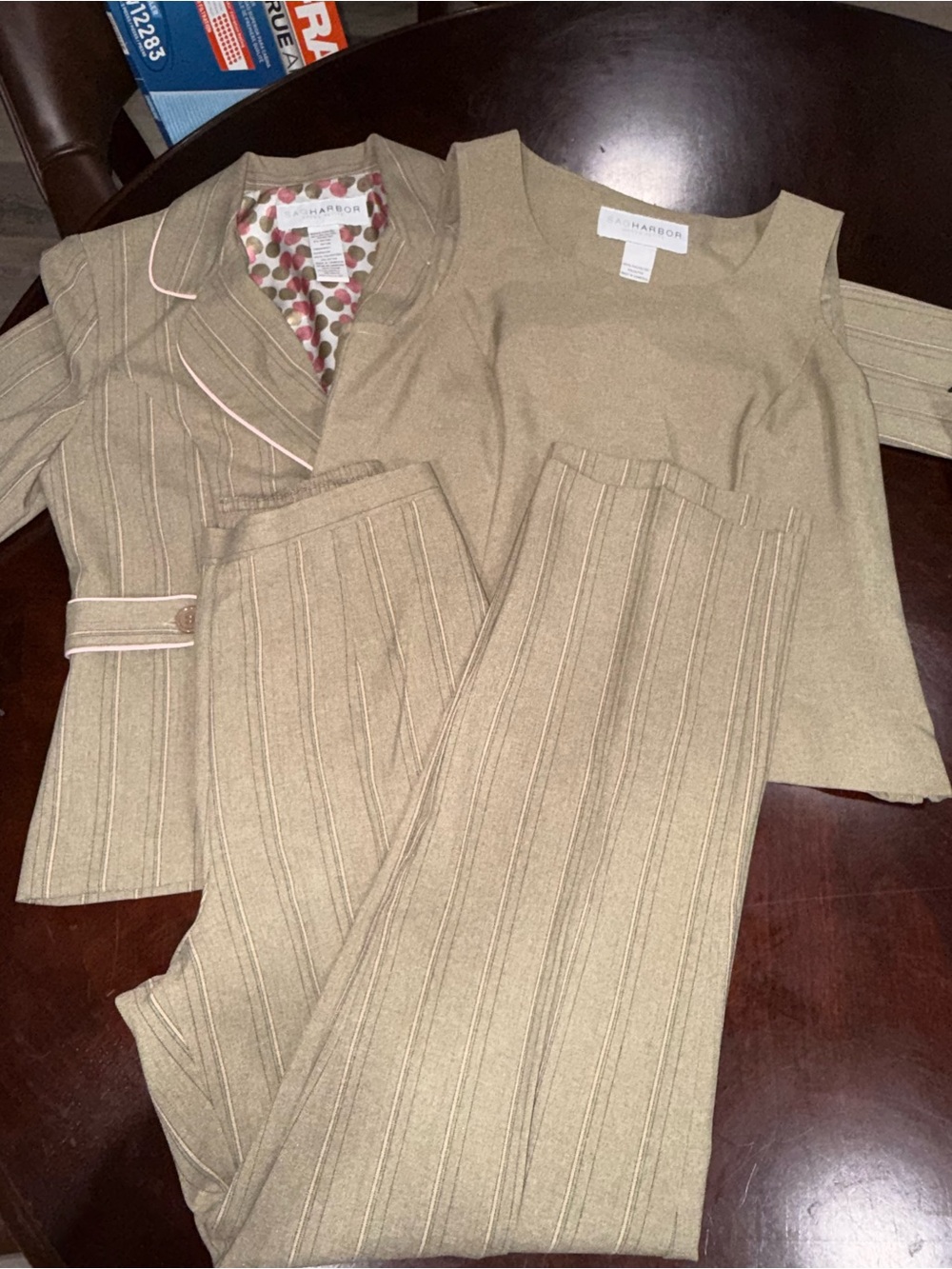 Sag Harbor Tan Pinstripe Three-Piece Pantsuit with Shell